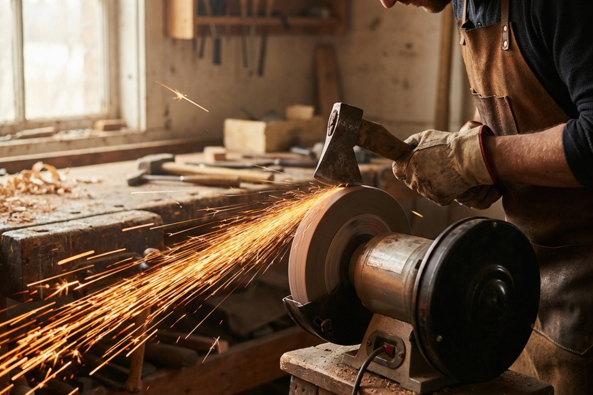 Muškarac cijepa drva kao profesionalac: 1 jednostavan način kako naoštriti sjekiru za drva za 5 minuta – oštrica blista detail 1