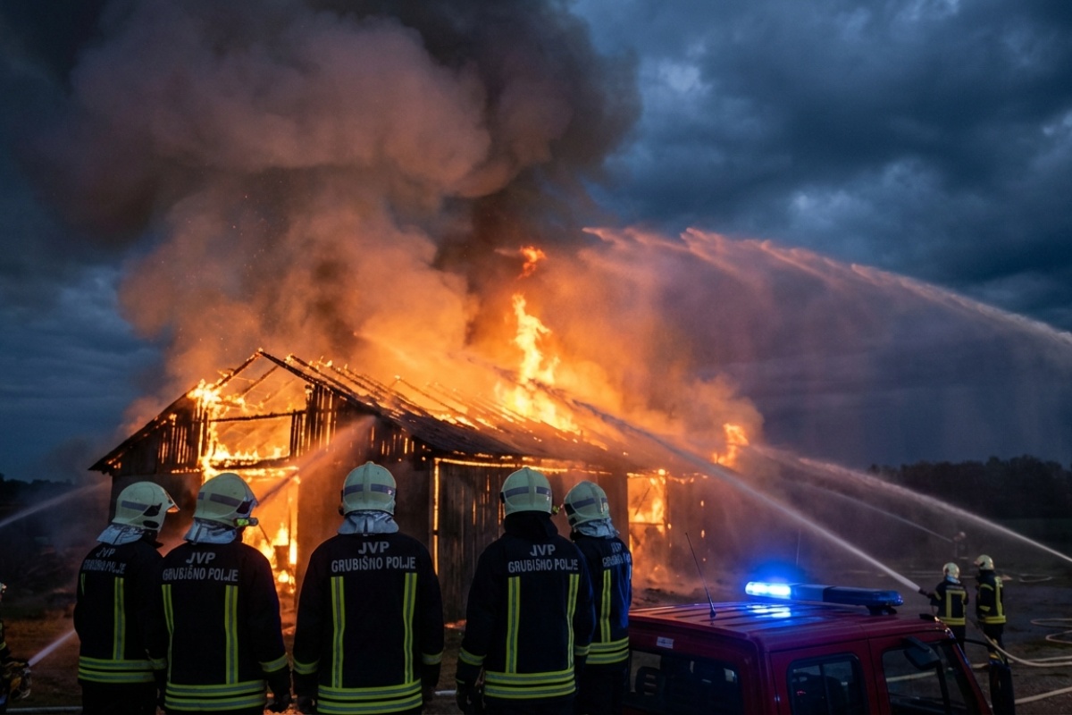 Požar na obiteljskom poljoprivrednom gospodarstvu: vatrogasci na terenu gase vatru detail 1
