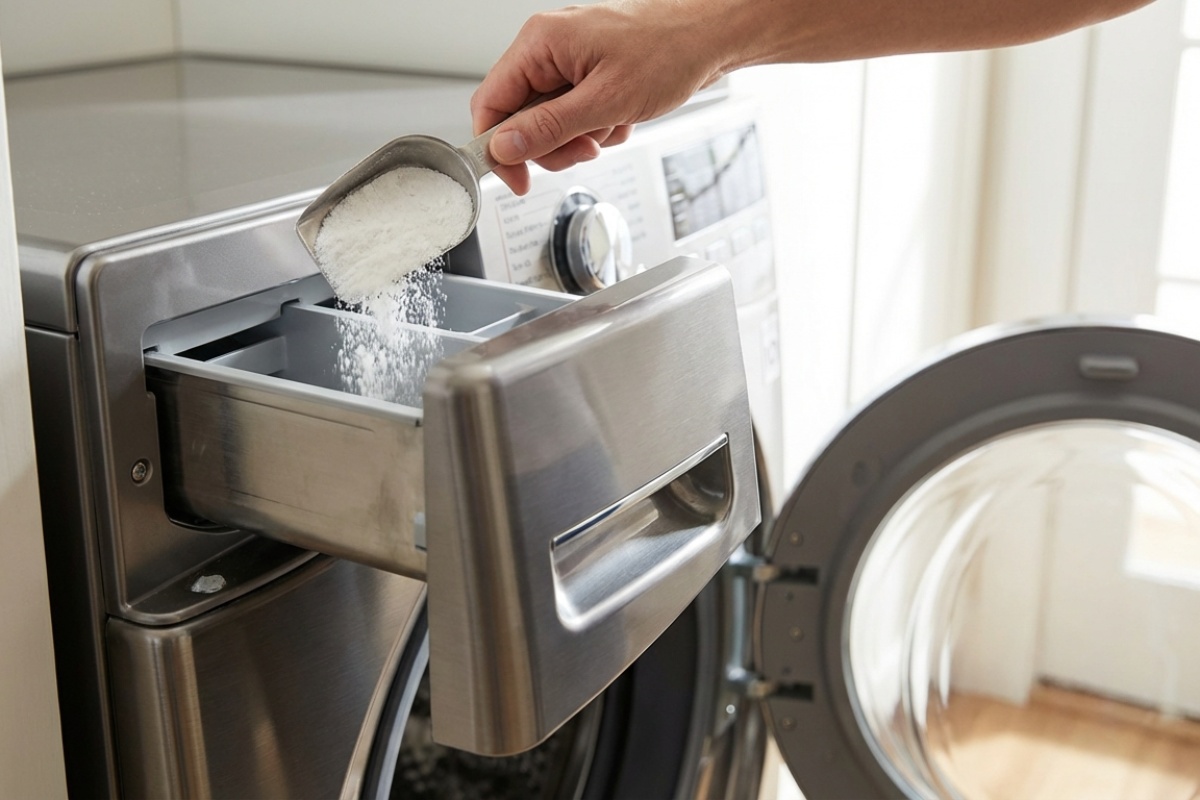 Naspite 1 mjericu u perilicu i operite posivjele zavjese. Za blagdane će biti snježnobijele. Djeluje kao izbjeljivač. Pranje zavjesa detail 1