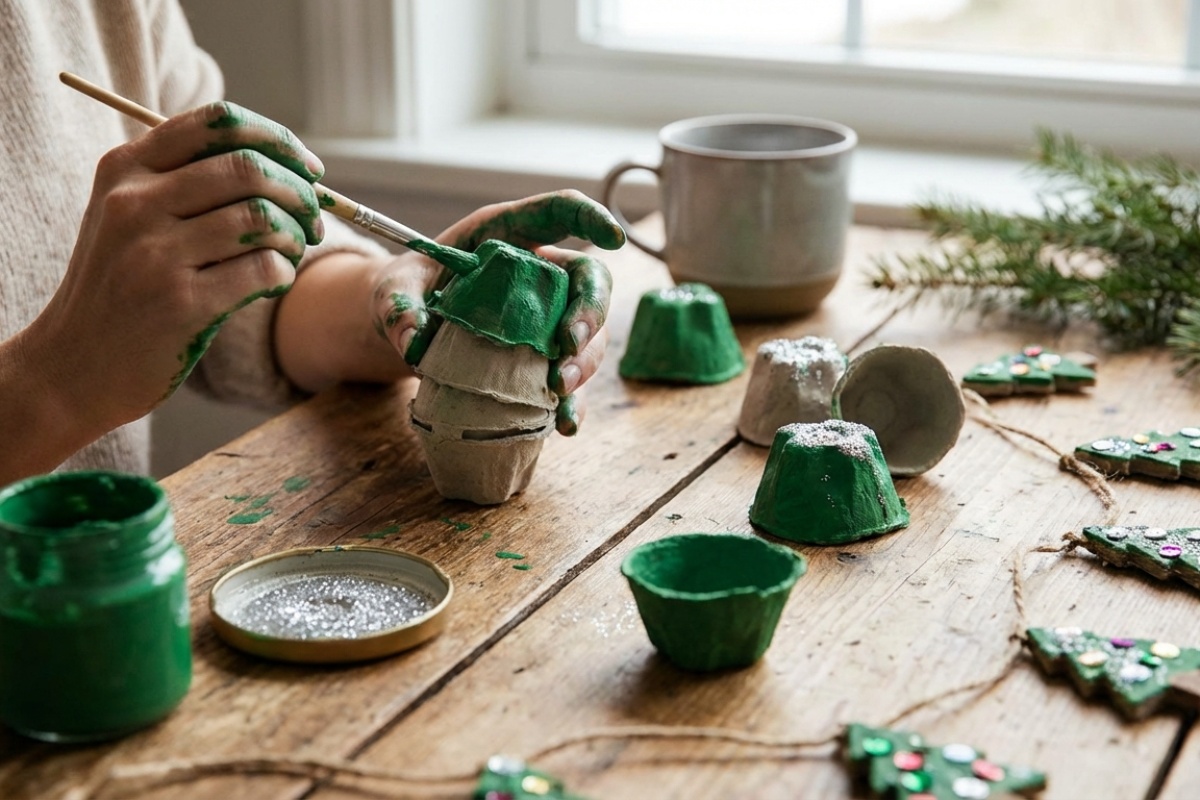 Od kartona za jaja ili podloška za jaja stvorite prekrasnu girlandu s božićnim drvcima detail 2