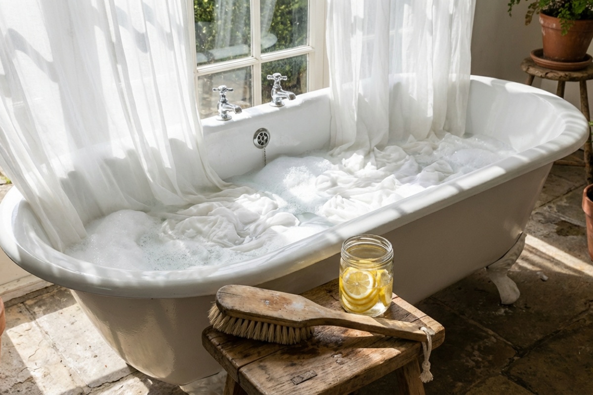 Bilo je dovoljno 5 punih žlica i topla voda, a zavjese su sasvim bijele. Izvuklo je svu prljavštinu i posivjela vlakna. Način za izbjeljivanje zavjesa detail 2